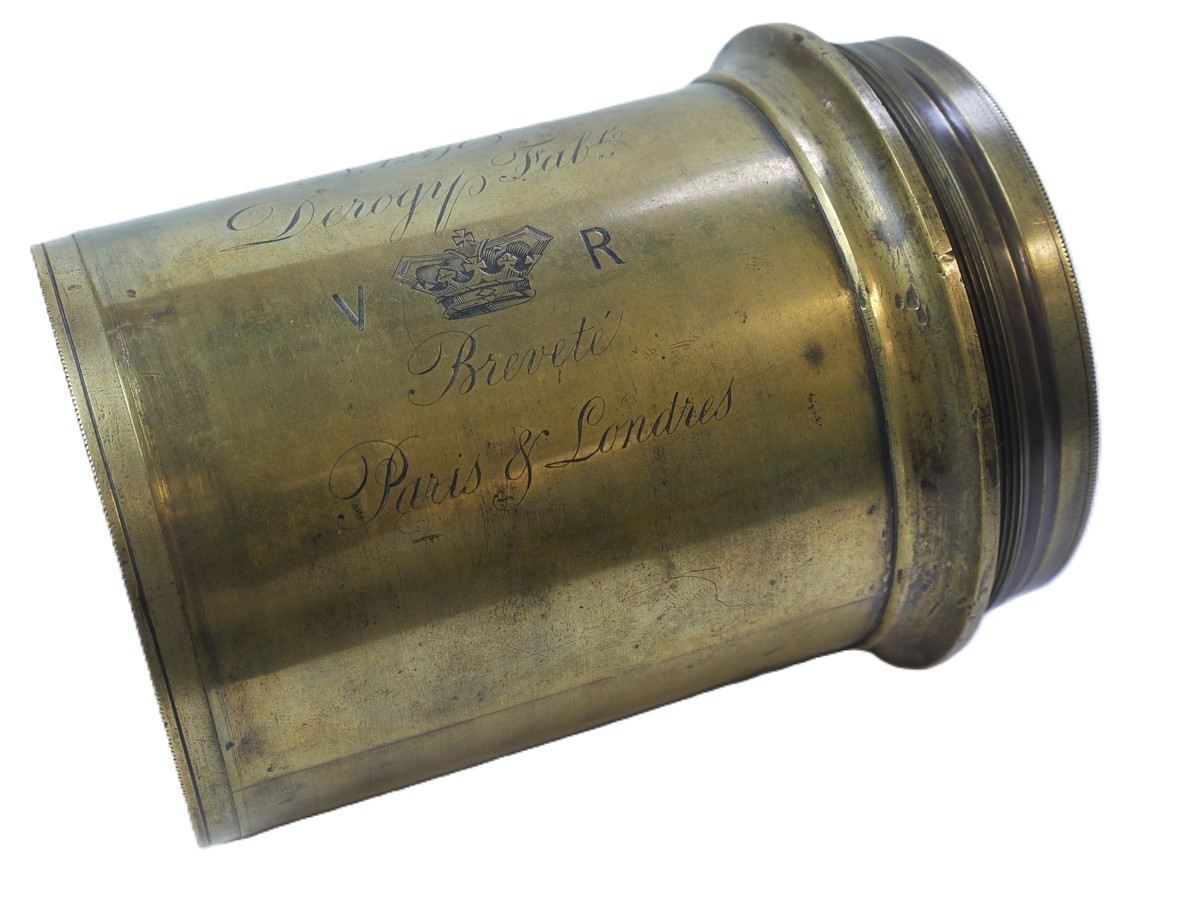 mwclassiccameras-20251030-24 Derogy "V" Crown "R" 12 inch (Estimated) Brass lens, with rotating Wheel Apertures + Modern Caps. Height is 135mm. Diameter is 90mm