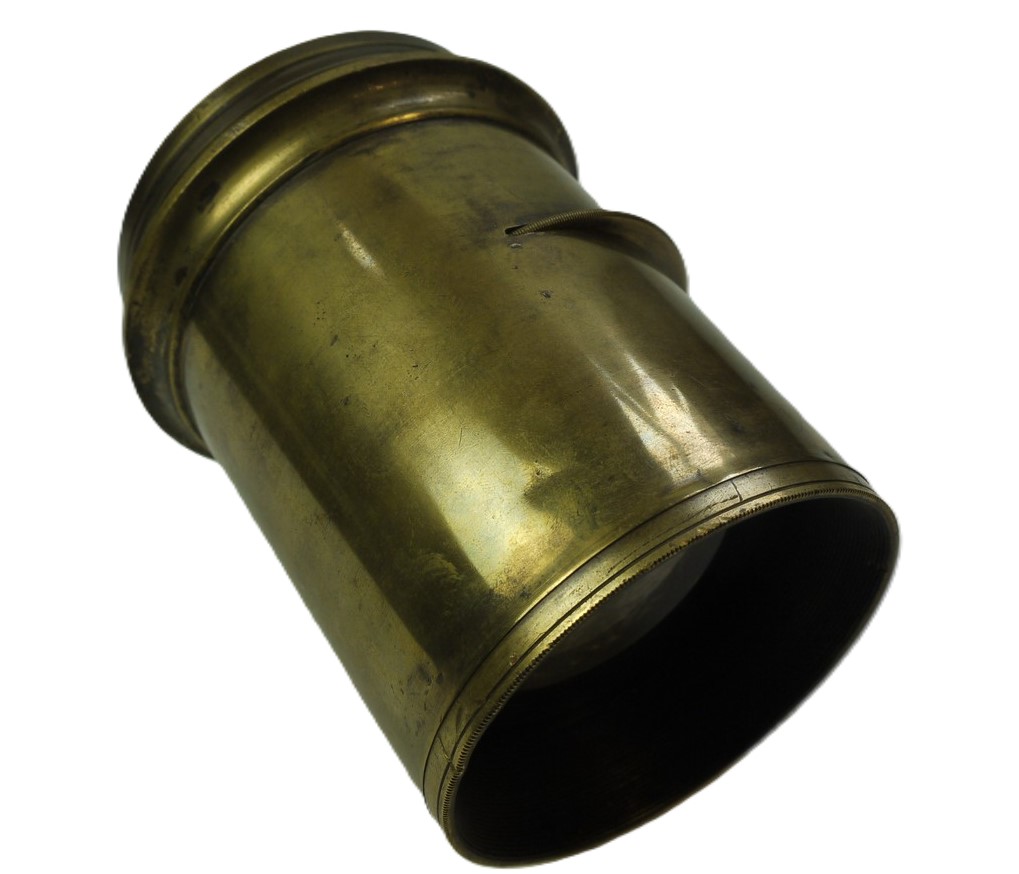 mwclassiccameras-20251030-25 Derogy "V" Crown "R" 12 inch (Estimated) Brass lens, with rotating Wheel Apertures + Modern Caps. Height is 135mm. Diameter is 90mm