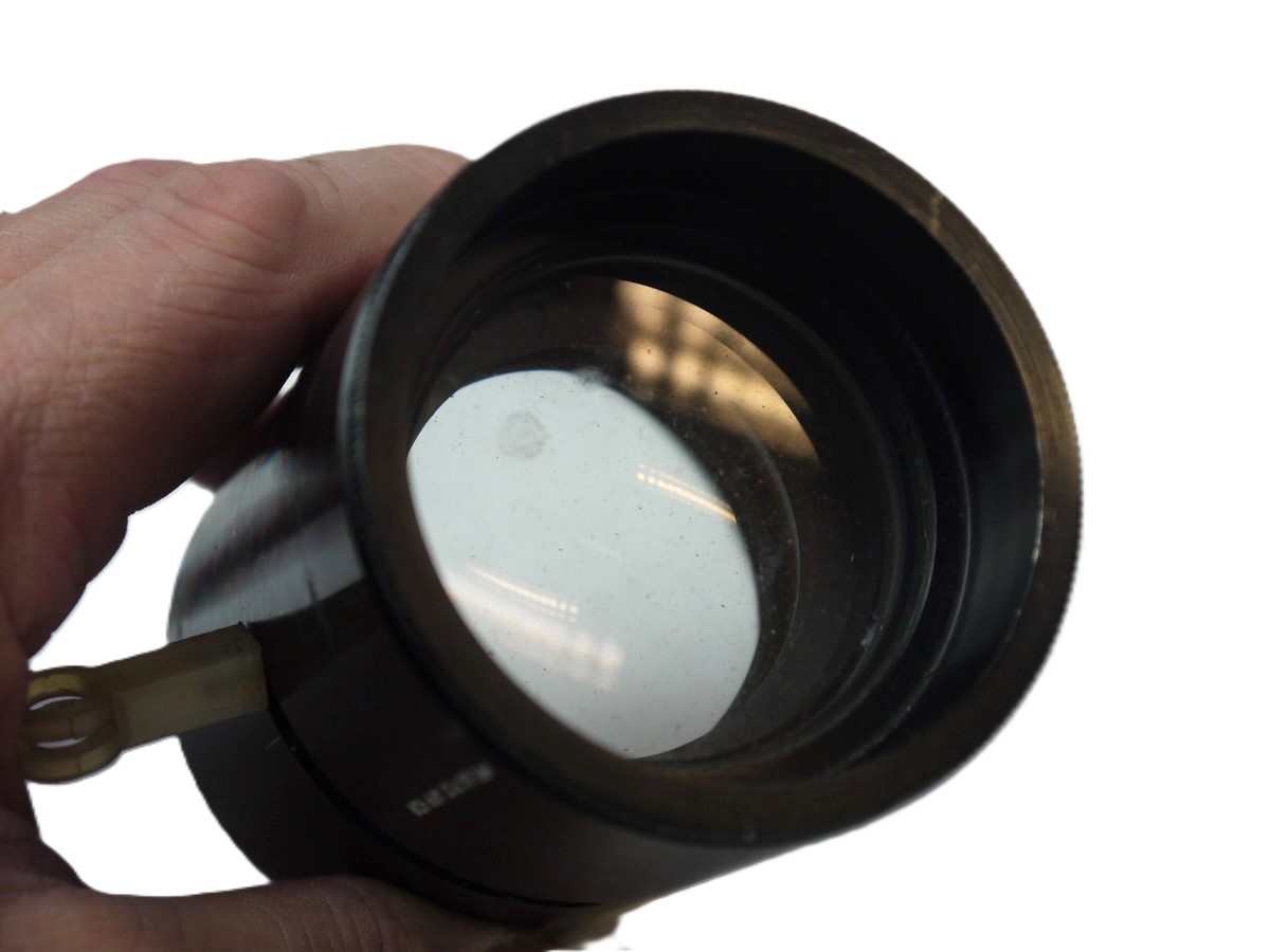 mwclassiccameras-20251030-299 Unbranded British Made Lens/Lens Accessory with Extended Arm-Actuating Iris Diaphragm. Has 1:1 (Macro?) marking. FUNCTION UNKNOWN