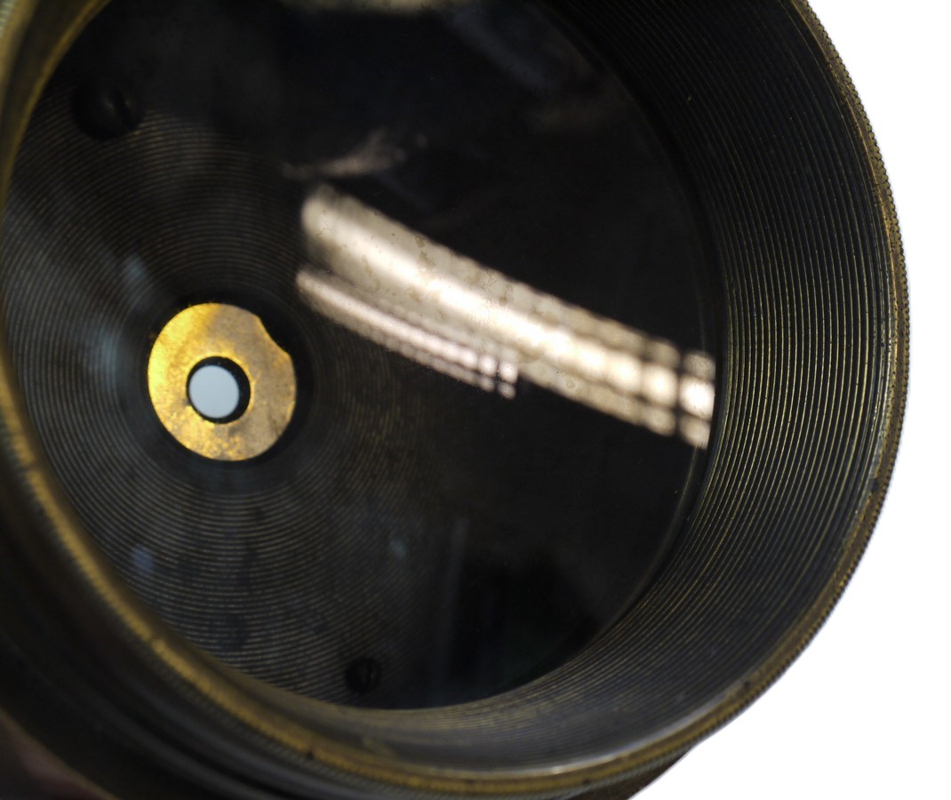 mwclassiccameras-20251030-30 Derogy "V" Crown "R" 12 inch (Estimated) Brass lens, with rotating Wheel Apertures + Modern Caps. Height is 135mm. Diameter is 90mm