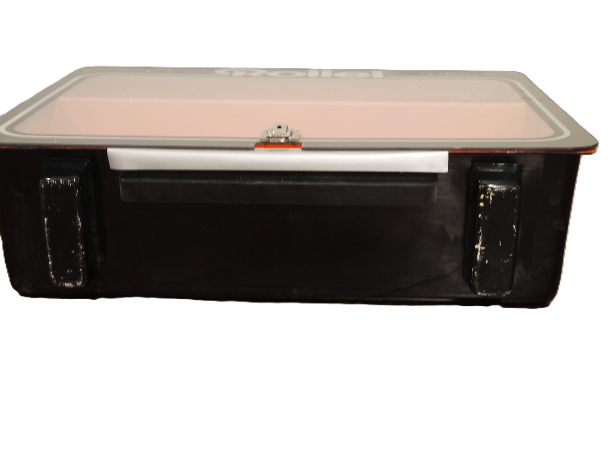 mwclassiccameras-20251030-324 Rollei Plastic Display Cabinet, Orange & Black coloured, with one wooden shelf & removable Clear front panel. 590 x 480 x 150mm