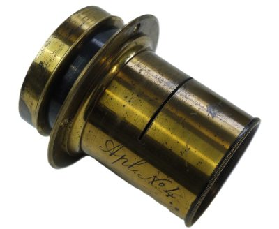 Derogy Aplanat No.4 Brass lens (Estimated 16 inch focal length) with Slot for Waterhouse Stops (No Stops Including), with flange & modern rear cap. Height is 85mm. Diameter is 60mm