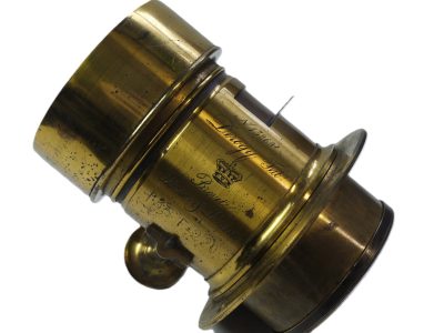 Derogy 220mm f3.5 Petzval Brass lens with Rack & Pinion focusing & Slot For Waterhouse stops (One Copper Stop included), with removable brass lens hood, Flange & Front Cap