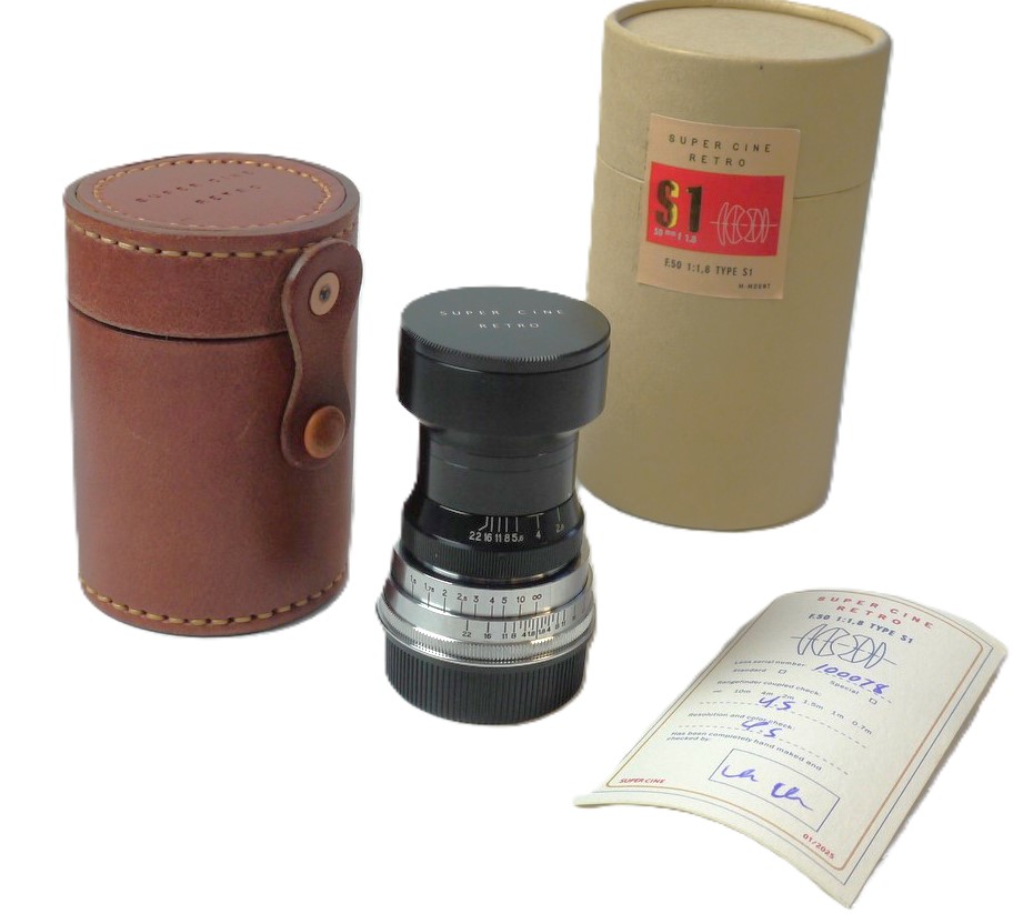 mwclassiccameras-20251114-131 Super Cine Retro 50mm f1.8 Type S1 DELUXE VERSION, Leica M mount lens (No.100078). Claimed to be made from FRENCH SOURCED GLASS in China as a replica of the Angenieux 50mm f1.8 Type S1 Rare lens. With Lens hood, front & rear caps, Numbered Certificate, leather case & Box. From a Limited Production of a few hundred only