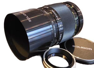 Soligor 500mm f8 Mirror Lens, T2 mount, with removable Canon FD T2 mount. With lens hood, front cap, Skylight filter & makers case