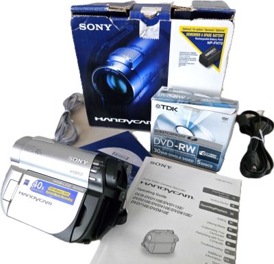 Sony Handycam DCR-DVD-110 Hybrid Movie Camera (using memory Stick & Mini DVD) with CARL ZEISS 1.9-76mm f1.8 Vario-Tessar 40X Optical Zoom, NP-FH40 Battery, leads, Insructions, Box of Three TDK DVD-RW Unused sealed, Discs & Original Box