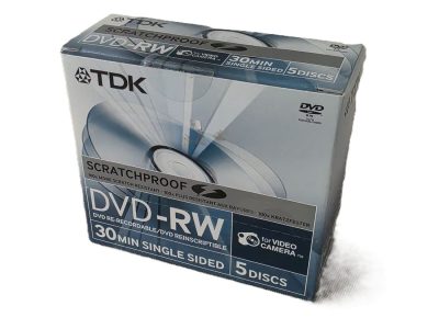 TDK Box of five DVD-RW Discs, 30 minutes single sided. Unused, Sealed