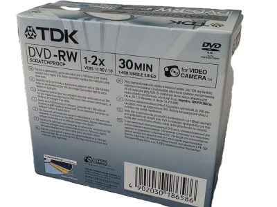 TDK Box of five DVD-RW Discs, 30 minutes single sided. Unused, Sealed