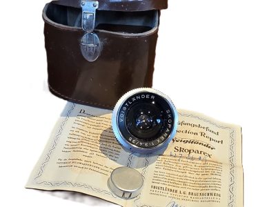 Voigtlander 35mm f3.4 Skoparex Deckel mount Voigtlander Bessamatic mount lens, with rear cap, Matching numbered Cerificate & Brown leather Spring case