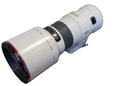 Sigma 400mm f5.6 APO AF Tele White Barrel lens in Canon EOS AF mount, with built-in lens hood, Tripos mount & Caps