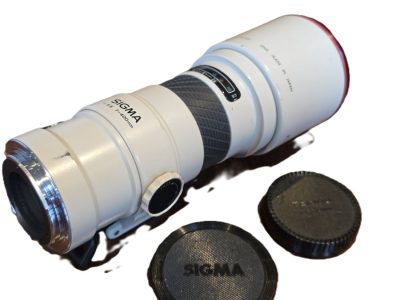 Sigma 400mm f5.6 APO AF Tele White Barrel lens in Canon EOS AF mount, with built-in lens hood, Tripos mount & Caps