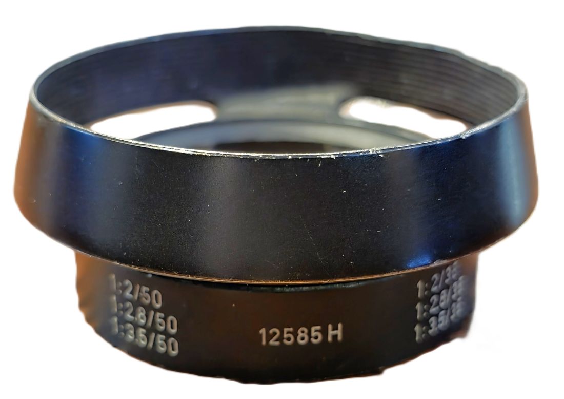 mwc20260130-37 Leitz metal lens hood for 35 & 50mm M Rangefinder lenses, with vents (12585H). Clip-on ears are missing