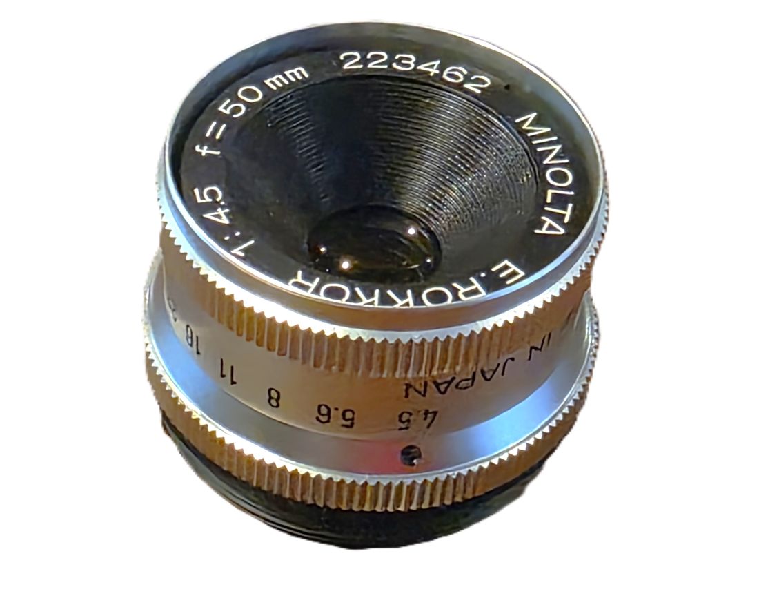 mwc20260130-79 Minolta 50mm f4.5 E Rokkor enlarging lens, L39 screw mount + makers keeper case