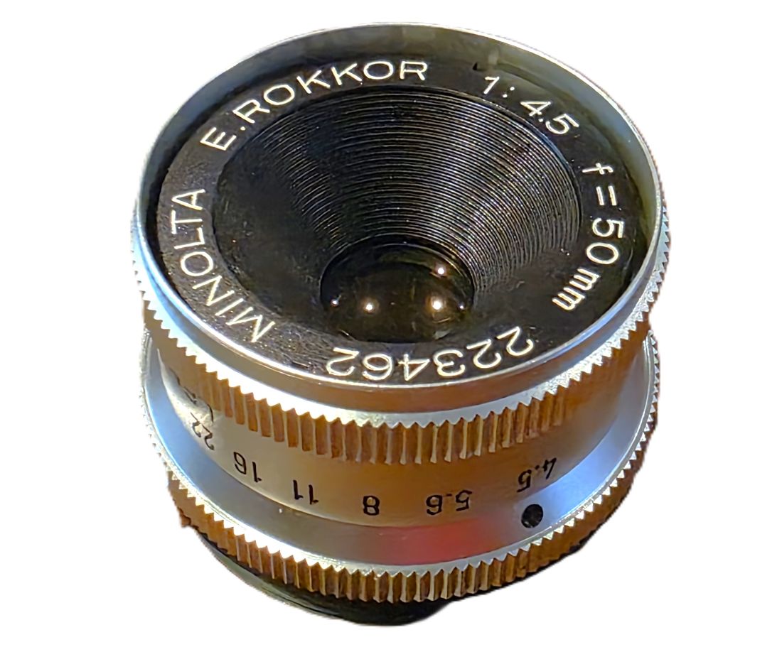 mwc20260130-80 Minolta 50mm f4.5 E Rokkor enlarging lens, L39 screw mount + makers keeper case