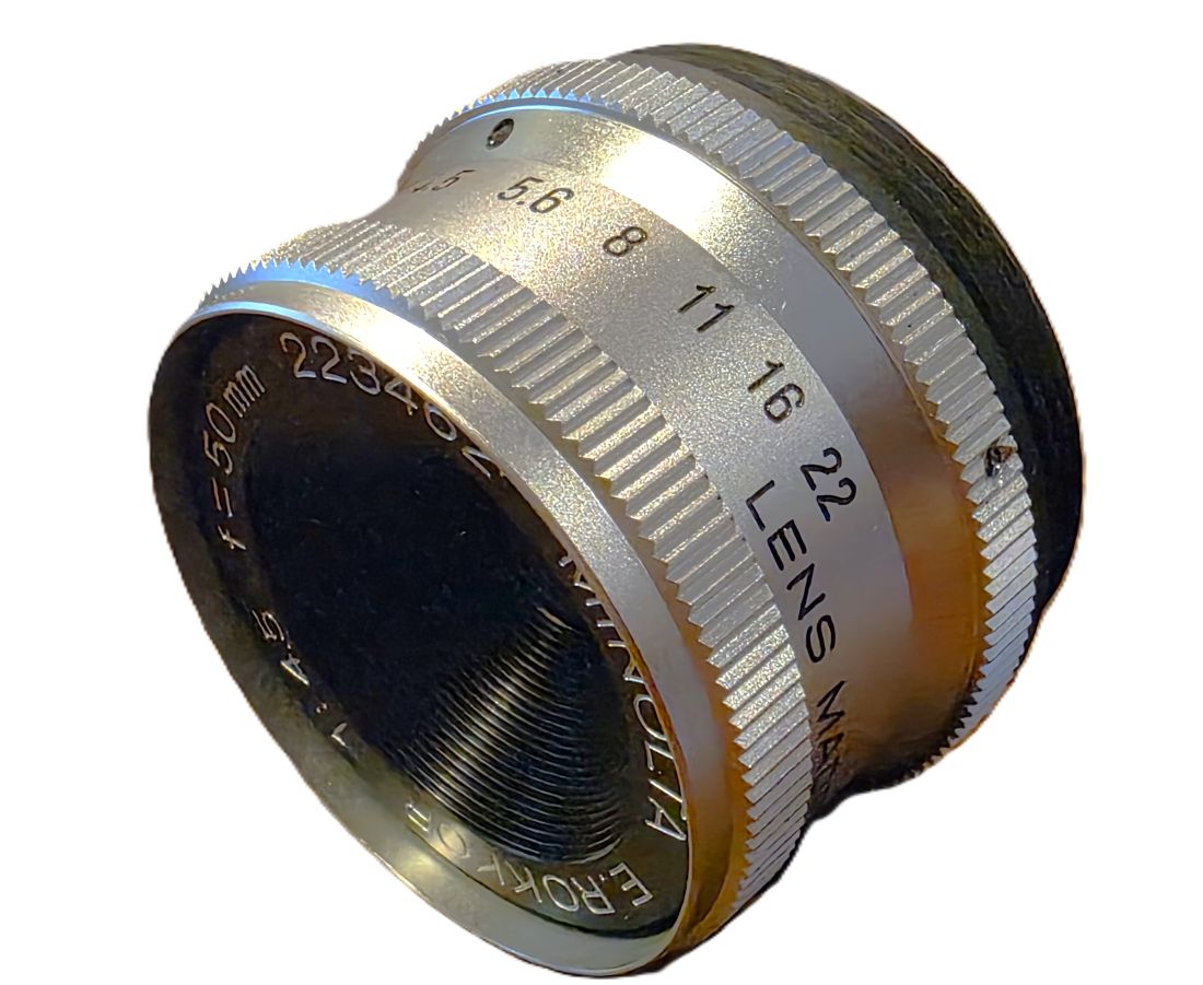 mwc20260130-81 Minolta 50mm f4.5 E Rokkor enlarging lens, L39 screw mount + makers keeper case