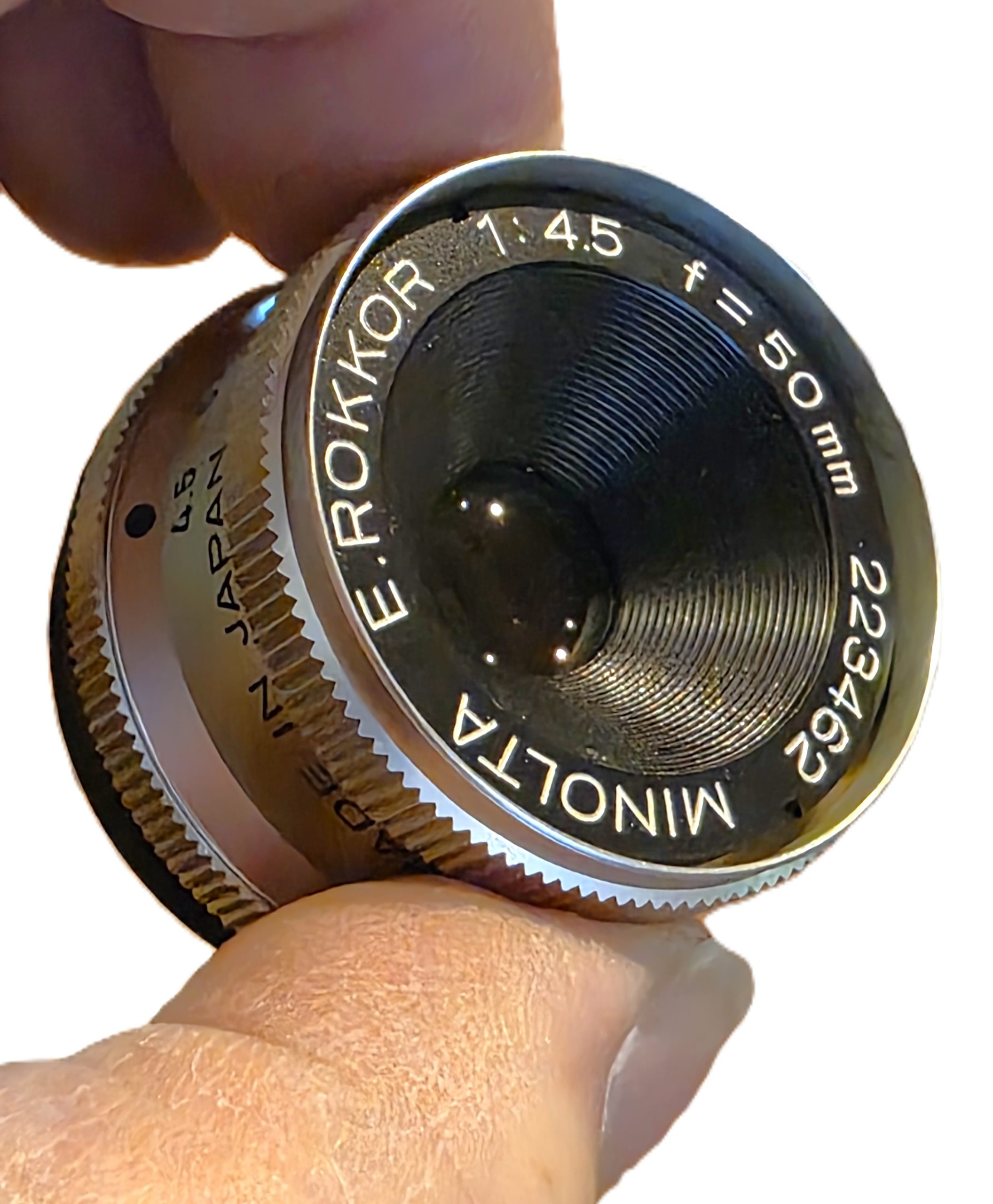 mwc20260130-85 Minolta 50mm f4.5 E Rokkor enlarging lens, L39 screw mount + makers keeper case