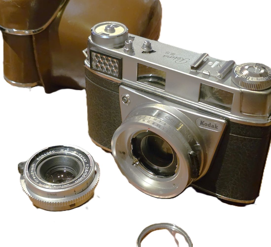 mwc20260213-117 Kodak Retina IIIS 25mm Coupled rangefinder, selenium metered camera + 50mm f2.8 Retina-Xenar interchangeable Deckel mount lens, meter diffuser, Clear filter & ER case