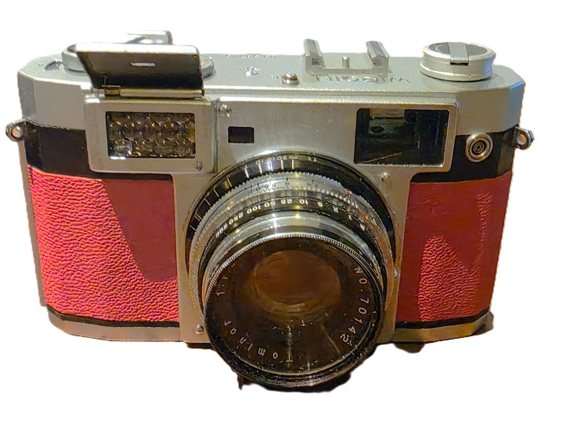 mwc20260213-126 Royal Wirgin 19e 35mm Coupled Rangefinder Selenium metered camera with RED covering & 45mm f1.9 Tominor lens, Clear filter & ER case. UNCOMMON