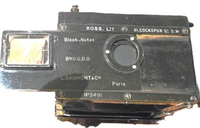 Gaumont Block Notes 6x4.5 Plate camera, 4-strut collapsible design, with set of 12 Plate holders & a 35mm Film back (back slides onto the camera back after the hinging metal retaining bar is removed, With makers case, Front is inscribed "Ross Ltd"