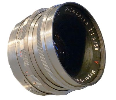 Meyer Optik 58mm f1.9 Primoplan V coated chrome barrel lens in Pre-Set M42 screw mount