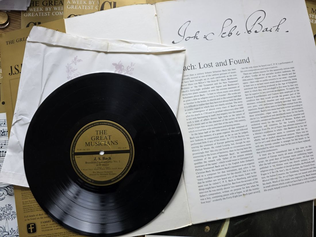 mwc20260313-36 The Great Musicians, Fabbri & Partners. Set of Twelve 10 inch Vinyl LPs/Booklets of Mendelsohn. J.S Bach (Parts 1-4), Monteverdi (Parts 1-3), Corelli & Haydn (Parts 1-4) Each part consists of a booklet & a 10 inch Vinyl LP. All contained in a collector's box with magnetic clasp