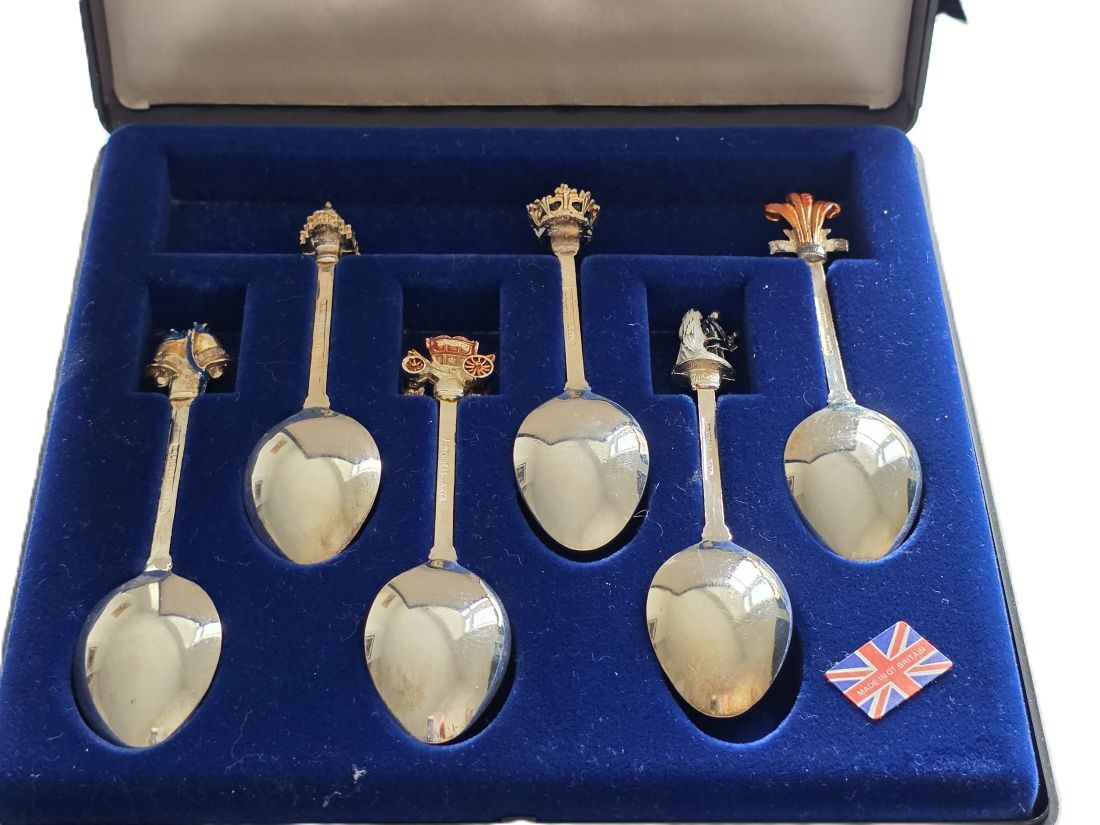 mwc20260313-74 W.A.P.W Great Britain Royal Wedding 1981 Charles & Diana 6-Piece Teaspoon Set with handles depicting Royal Images. Made in England