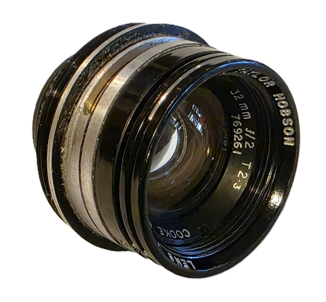 20260403-38 Cooke 35mm f2 Speed Panchro Series II T2.3 coated Cine lens. No Iris Diaphragm. No focusing/mount. With a matching Taylor Hobson barrel in Arriflex mount + Arriflex rear cap. MISSING THE REAR GLASS ELEMENT