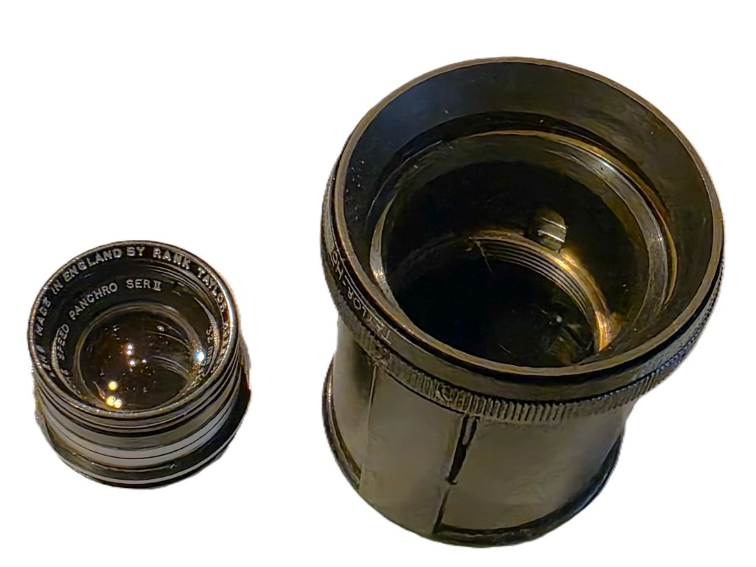 20260403-44 Cooke 35mm f2 Speed Panchro Series II T2.3 coated Cine lens. No Iris Diaphragm. No focusing/mount. With a matching Taylor Hobson barrel in Arriflex mount + Arriflex rear cap. MISSING THE REAR GLASS ELEMENT