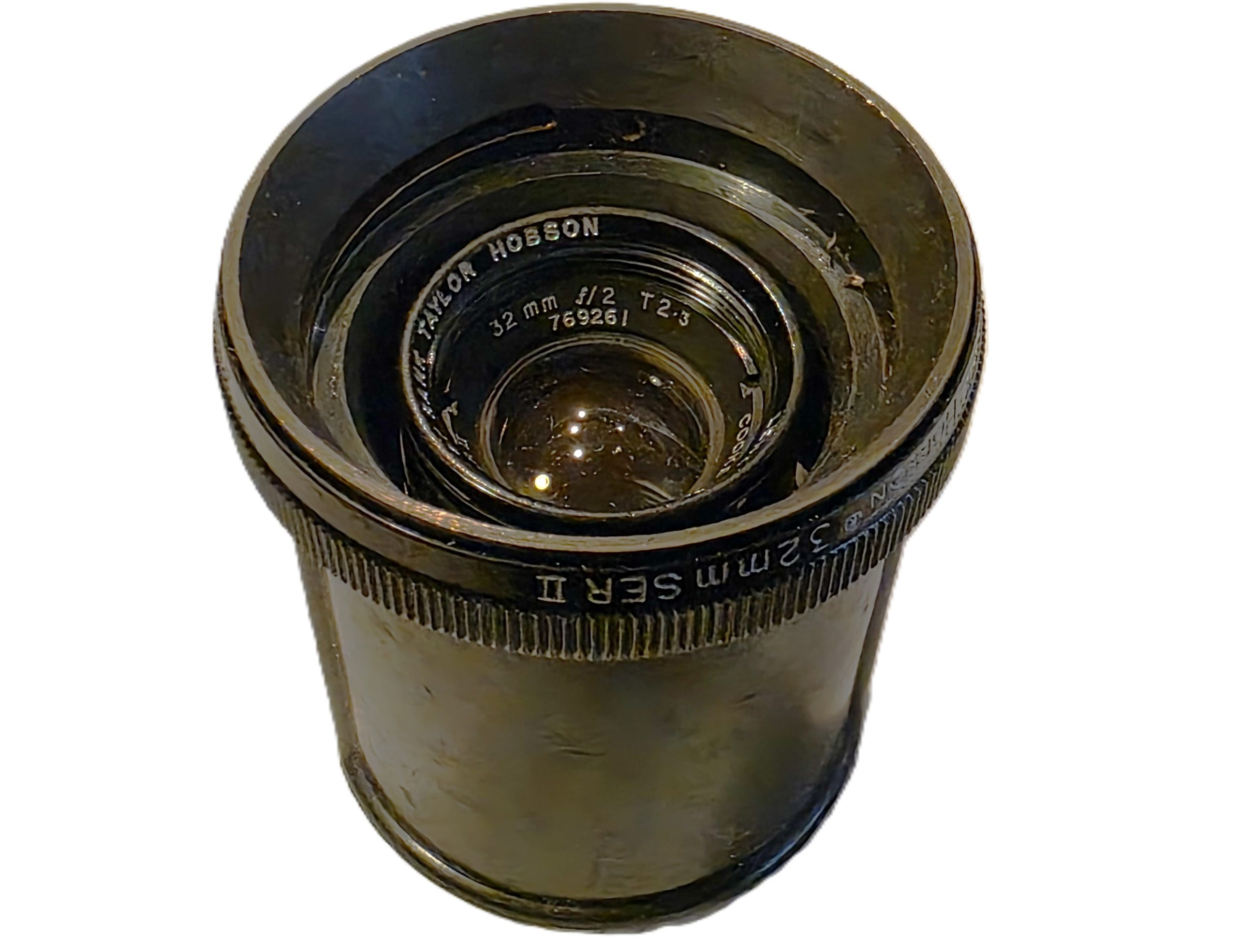 20260403-45 Cooke 35mm f2 Speed Panchro Series II T2.3 coated Cine lens. No Iris Diaphragm. No focusing/mount. With a matching Taylor Hobson barrel in Arriflex mount + Arriflex rear cap. MISSING THE REAR GLASS ELEMENT