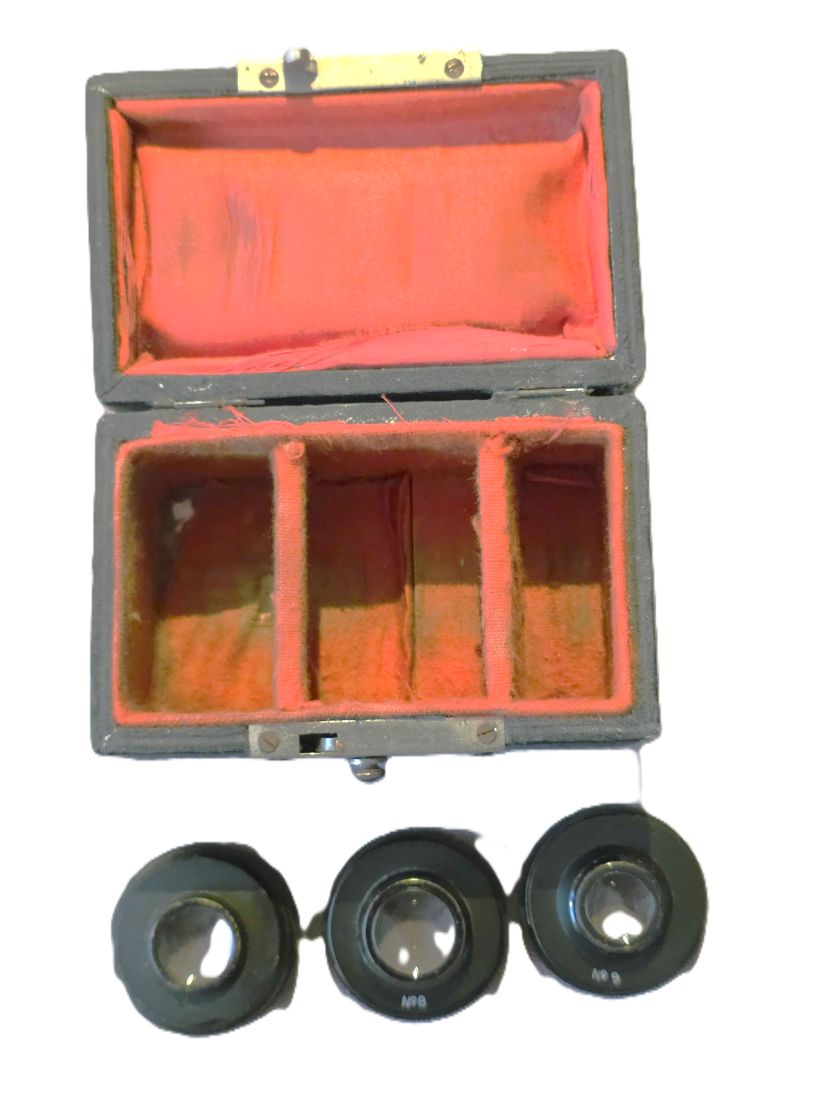 20260403-67 Unbranded set of three combination/casket lenses. 225mm lens + No.8 & No.9 opposite lenses (Approximately 40mm thread mounts) Needs a barrel to use. With outfit case