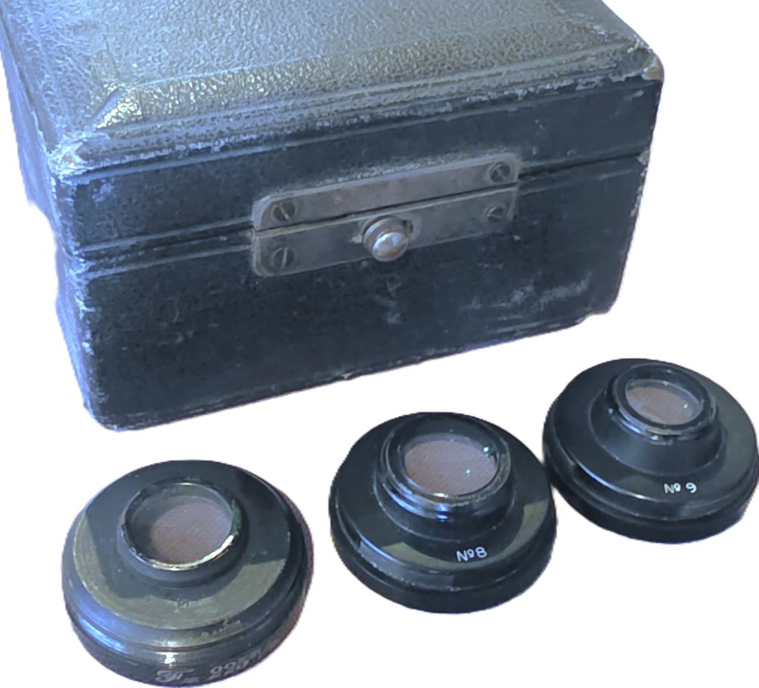 20260403-68 Unbranded set of three combination/casket lenses. 225mm lens + No.8 & No.9 opposite lenses (Approximately 40mm thread mounts) Needs a barrel to use. With outfit case
