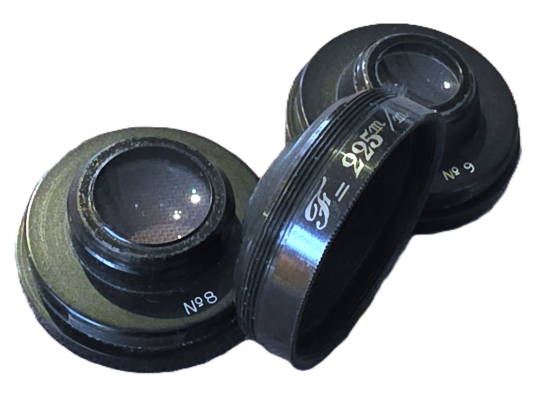 20260403-69 Unbranded set of three combination/casket lenses. 225mm lens + No.8 & No.9 opposite lenses (Approximately 40mm thread mounts) Needs a barrel to use. With outfit case