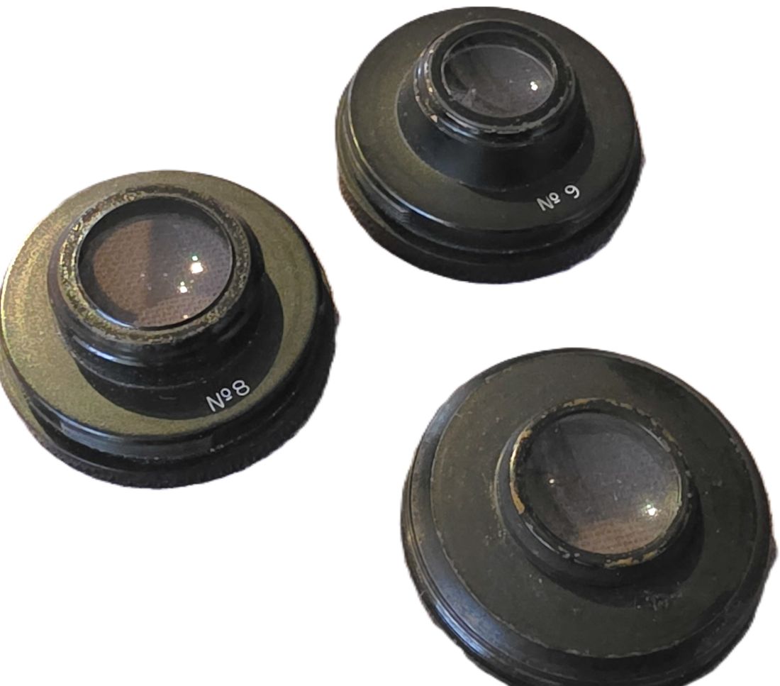 20260403-70 Unbranded set of three combination/casket lenses. 225mm lens + No.8 & No.9 opposite lenses (Approximately 40mm thread mounts) Needs a barrel to use. With outfit case