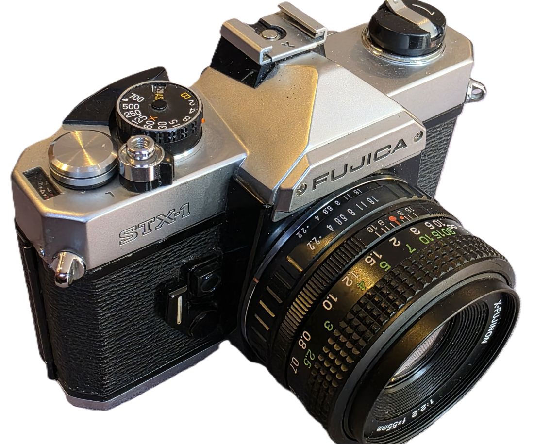 20260410-21 Fujica ST605 35mm SLR, Chrome + 55mm f2.2 Fujinon M42 Screw mount lens, front cap & Case base. For repair/spare parts