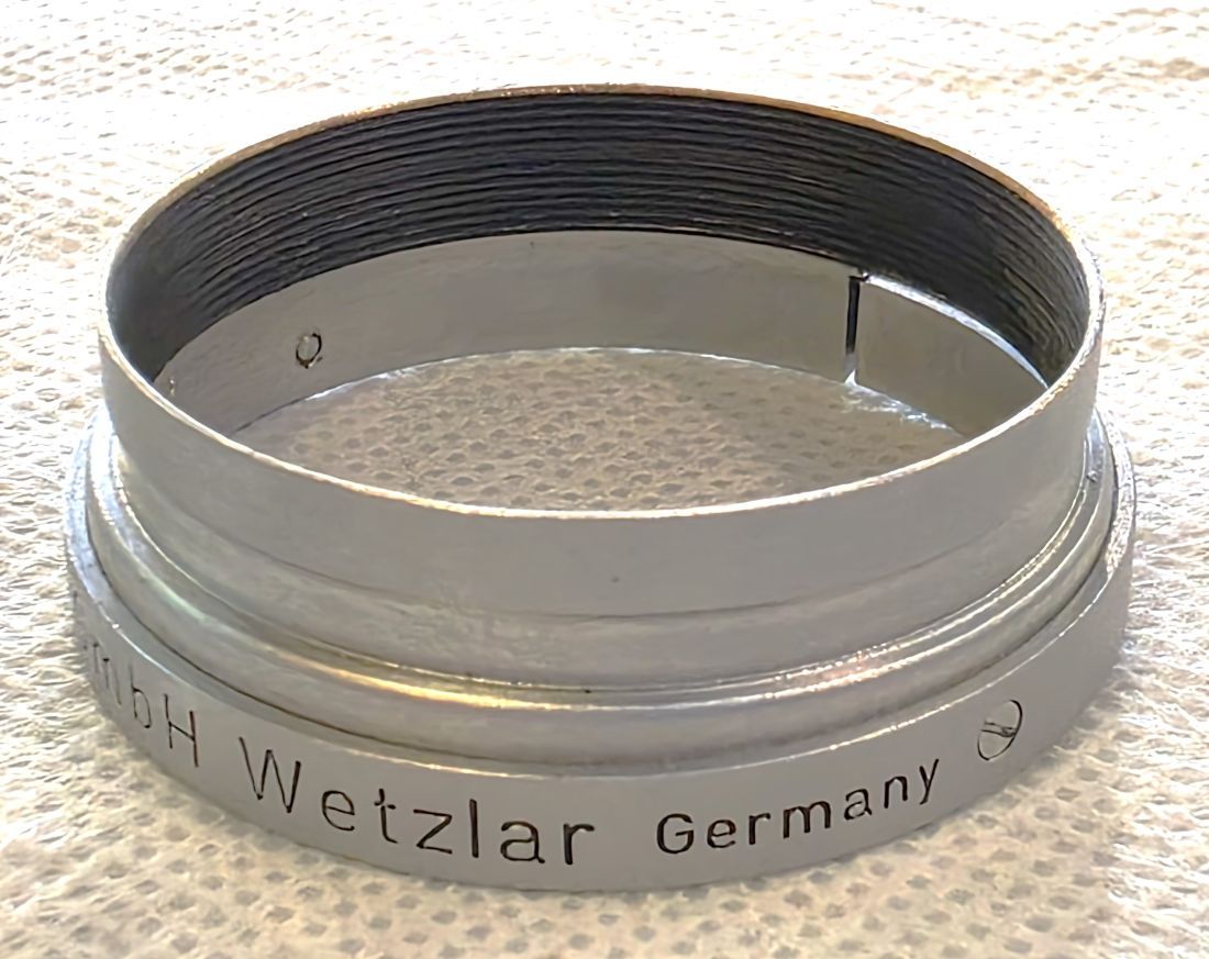 20260420-51 Leitz A36 Push-On chrome lens hood. Originally for the 50mm f3/5 Elmar but expertly shortend, possibly to use with the 35mm Summaron lens
