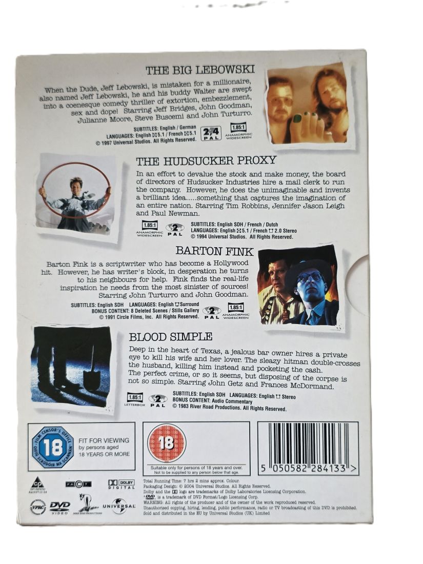 20260424-27 The Coen Brothers Collection DVD Boxset. The Big Lebowski, The Hudsucker Proxy, Barton Fink & Blood Simple. With Bonus Content