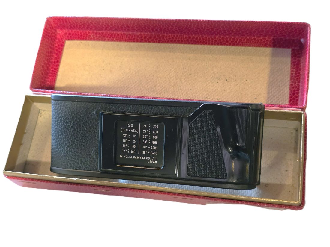 20260424-33 Minolta Spare Back with built-in thumb grip. For the X Series 35mm SLRs. With Dark Red box