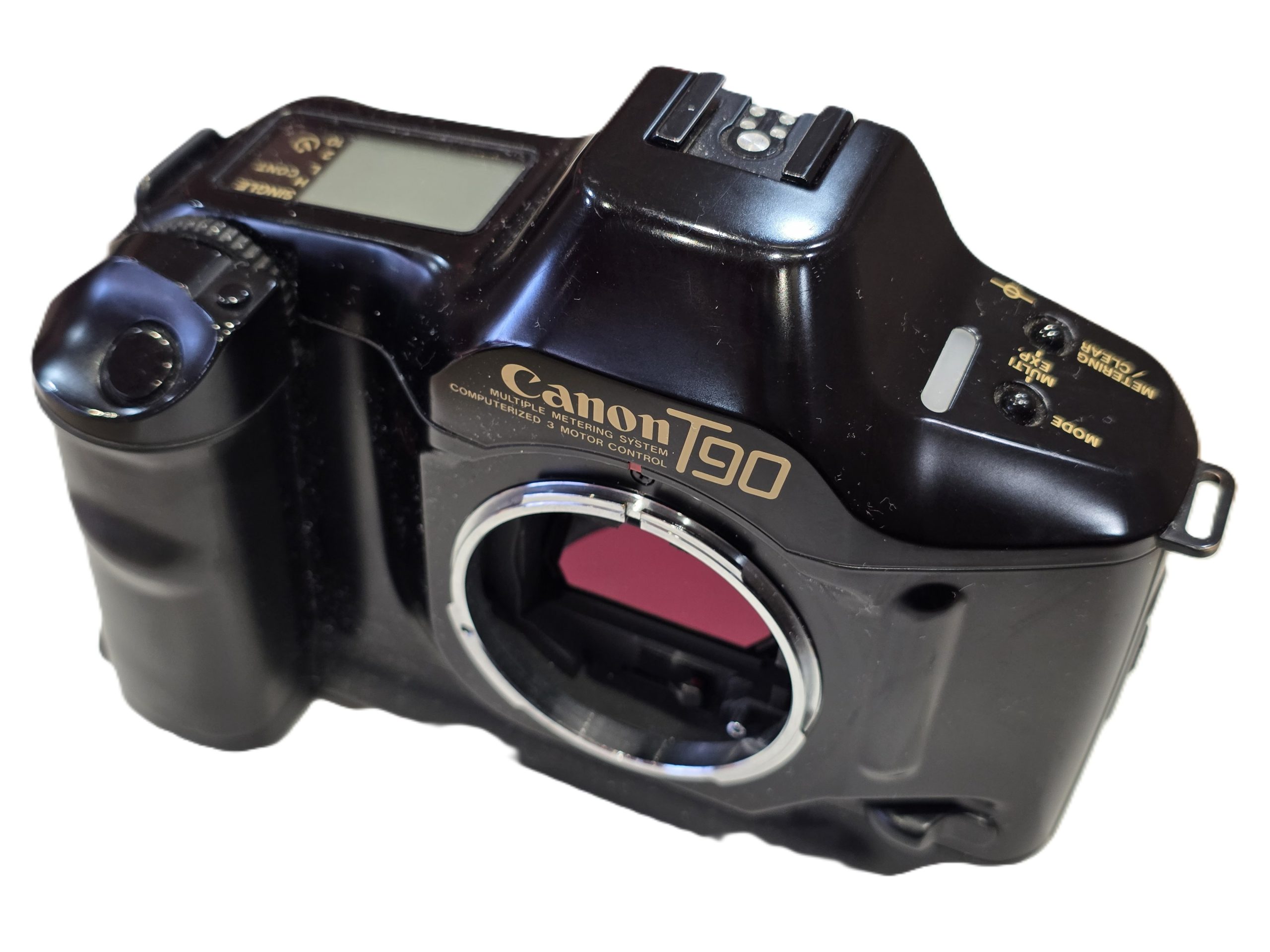 20260424-41 Canon T90 35mm SLR body. With built-in Motor, TTL Flash and Multi-Exposure modes. Landmark camera, one of the first with this shape/styling