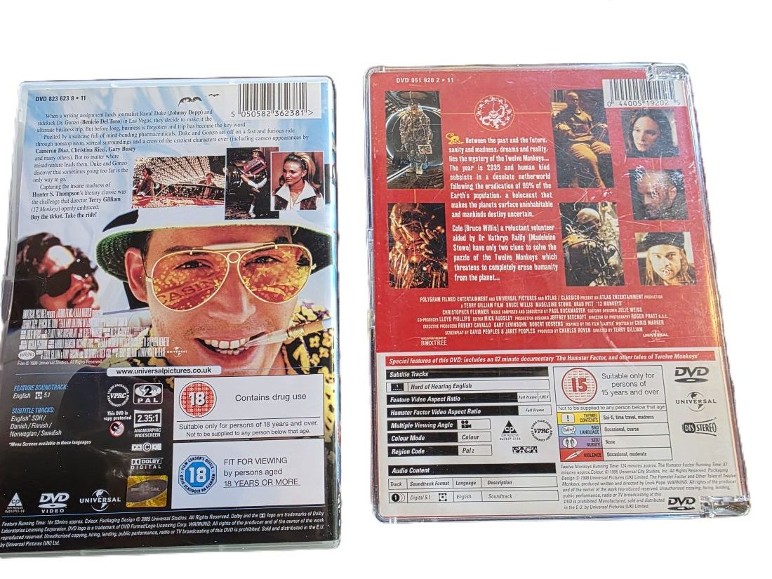 20260501-111 Terry Gilliam set of Two DVD Films. Twelve Monkeys + Fear and Loathing in Las Vegas. One has Special Features. PAL Region 2 (UK)