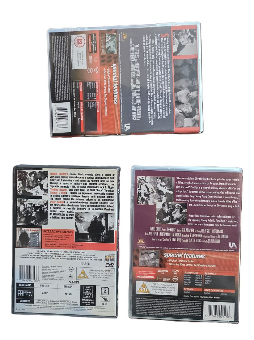 20260501-134 Killers Kiss + The Killing + Dr Strangelove. Three DVDs from Stanley Kubrick, two with Spcial Features. PAL Region 2 (UK)