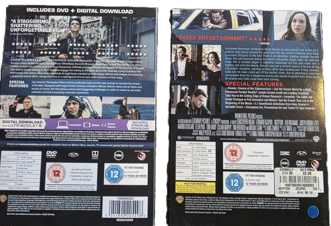 20260501-137 Inception + Dunkirk. Two DVDs from Christopher Nolan, both with Special Features. PAL Region 2 (UK)