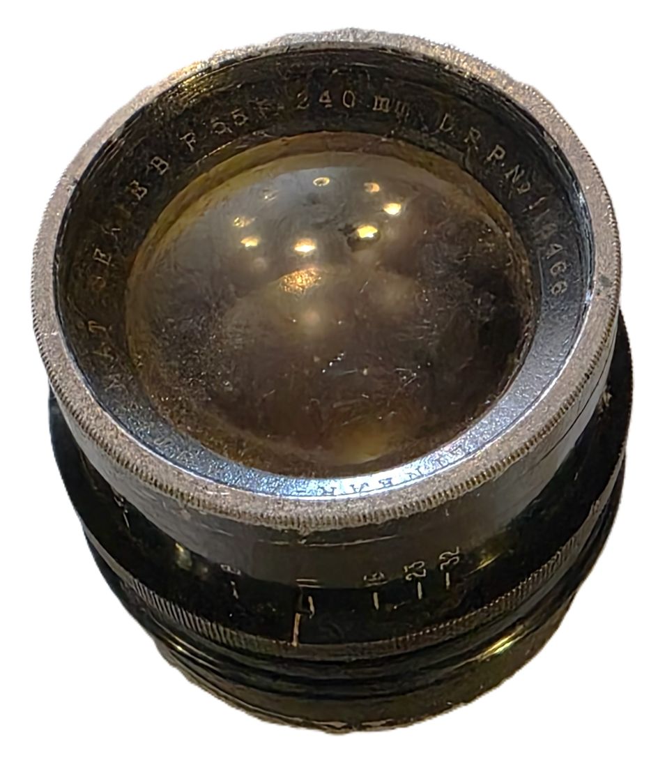 20260501-167 Linear Anastigmat 240mm f5.5 Series B uncoated black painted brass lens with Iris Diaphragm. Covers full/plate, flange 63mm.