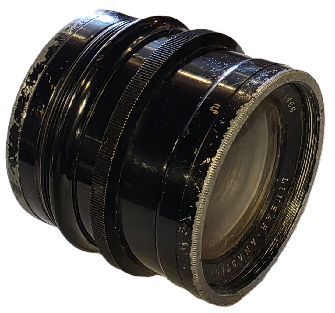 20260501-169 Linear Anastigmat 240mm f5.5 Series B uncoated black painted brass lens with Iris Diaphragm. Covers full/plate, flange 63mm.