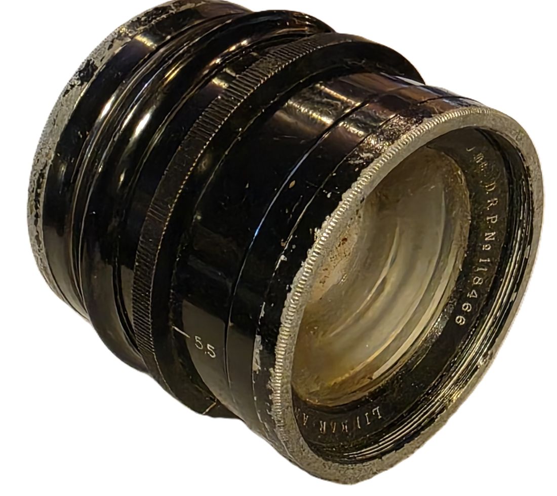 20260501-170 Linear Anastigmat 240mm f5.5 Series B uncoated black painted brass lens with Iris Diaphragm. Covers full/plate, flange 63mm.