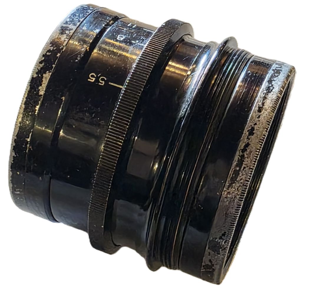 20260501-171 Linear Anastigmat 240mm f5.5 Series B uncoated black painted brass lens with Iris Diaphragm. Covers full/plate, flange 63mm.