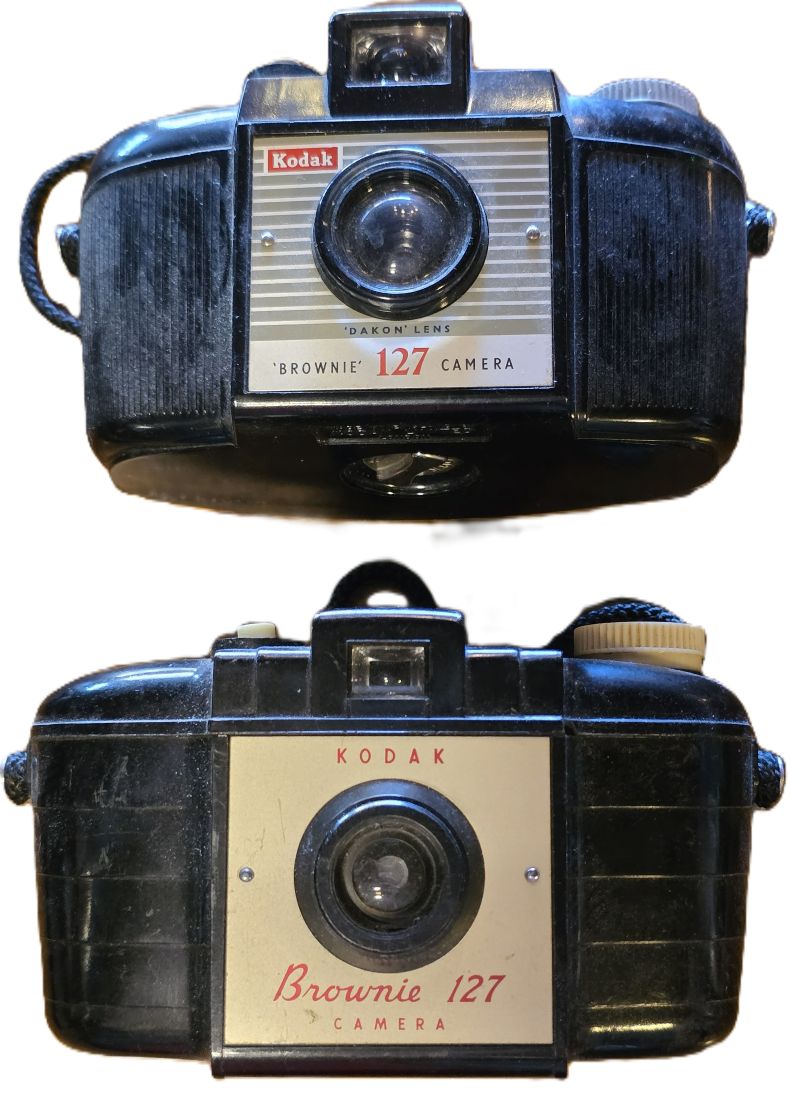 20260501-184 Set of Two Kodak Brownie 127 Cameras, Black Bakelite bodies with straps. One with Patterned front, one with Plain front