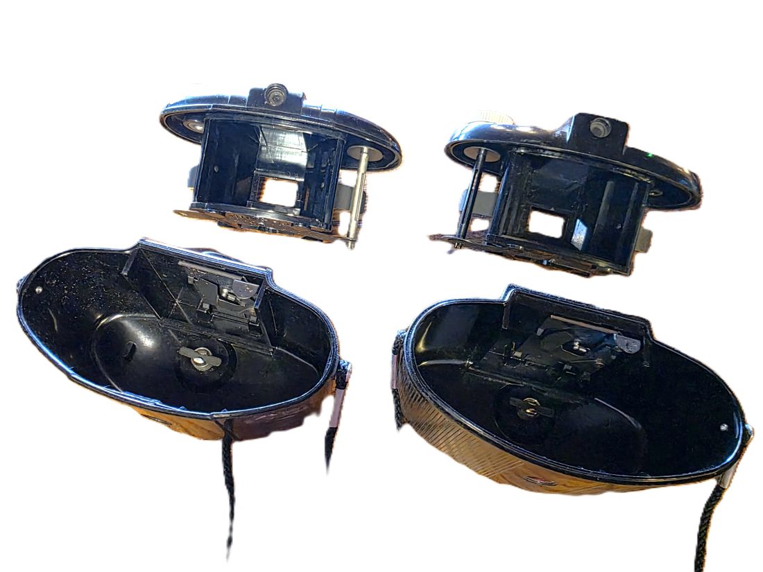 20260501-186 Set of Two Kodak Brownie 127 Cameras, Black Bakelite bodies with straps. One with Patterned front, one with Plain front