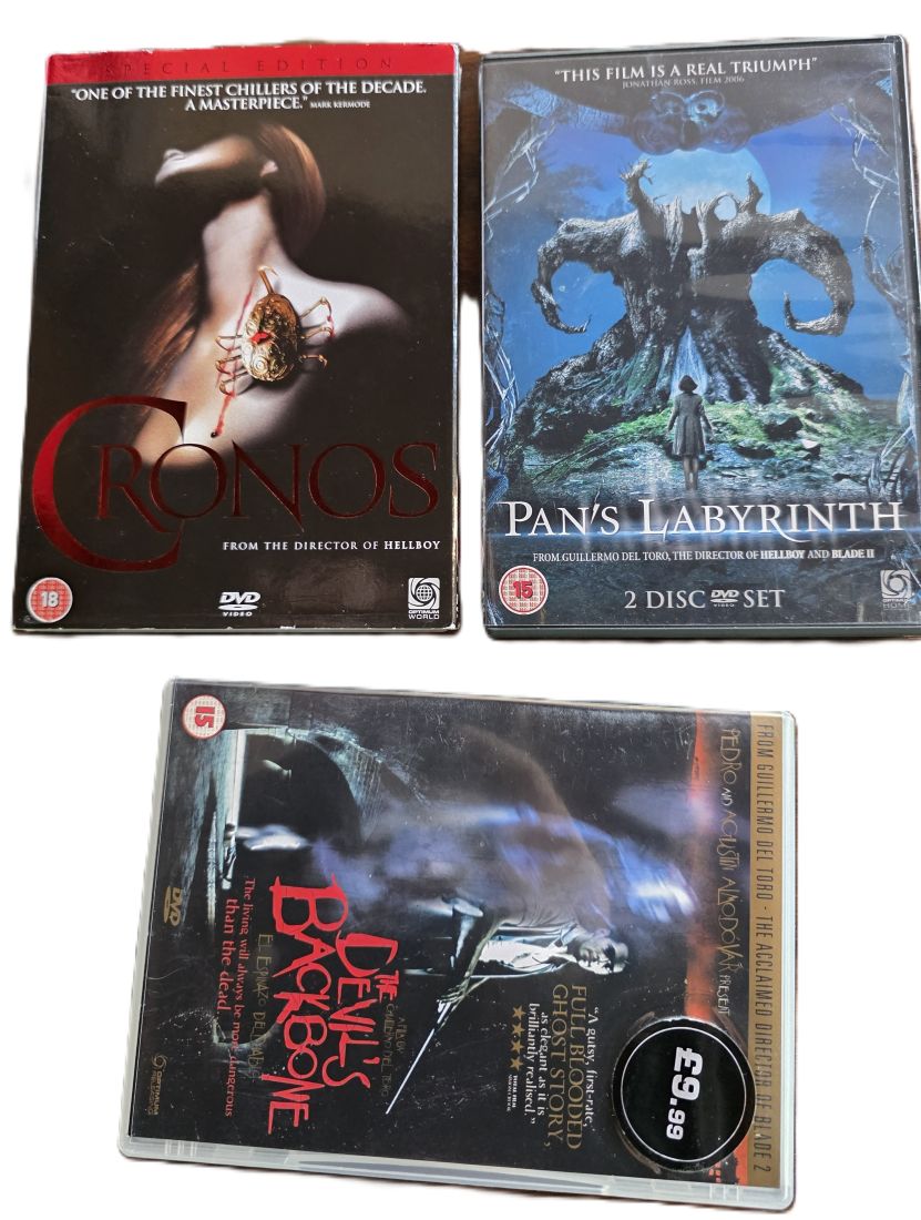 20260501-55 Guillermo Del Toro set of Three Film DVDs. Pan's Labyrinth 2 disc DVD Set + The Devils Backbone + Chronosa, all with both with Extra Features. PAL Region 2 (UK)