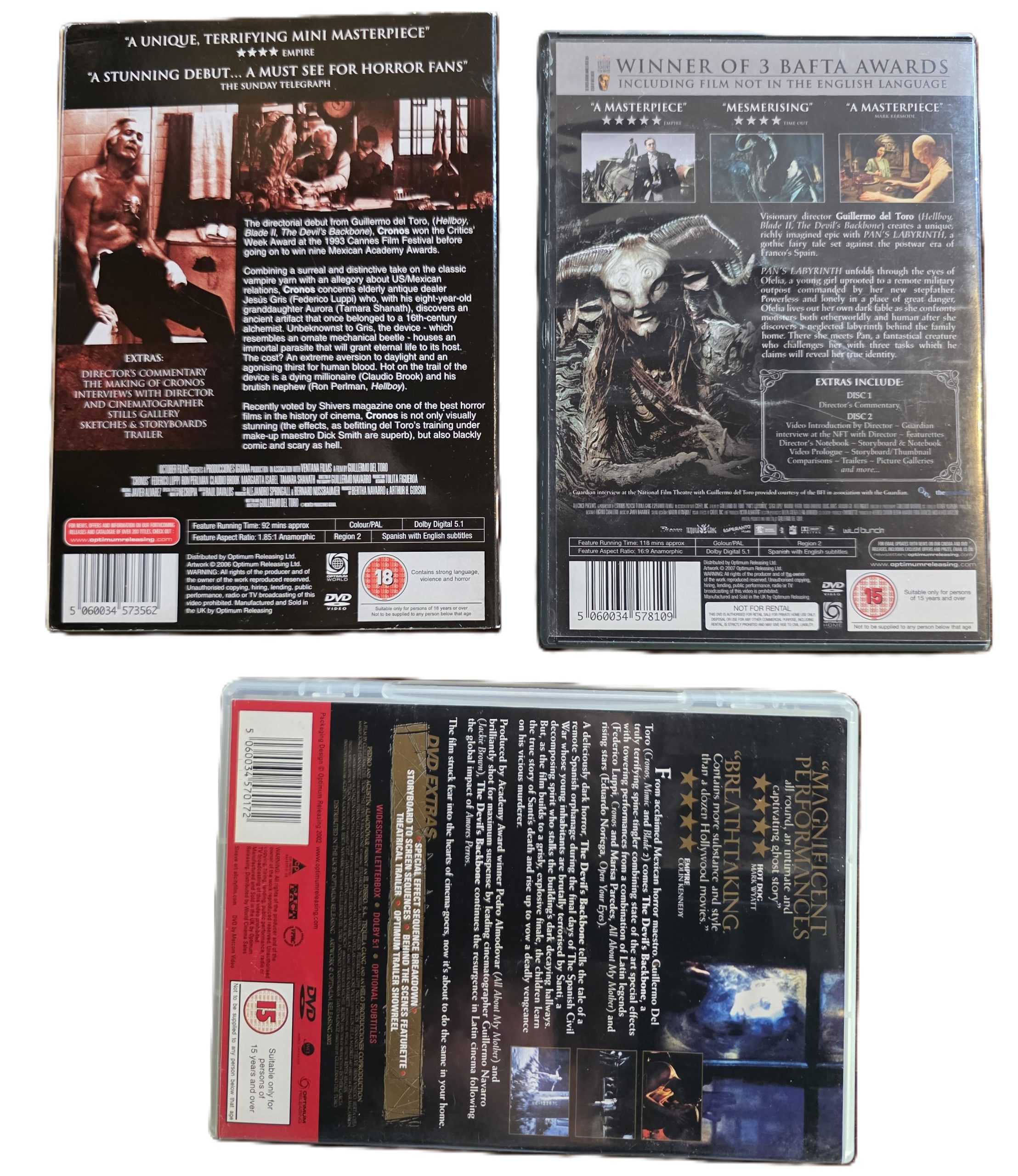 20260501-56 Guillermo Del Toro set of Three Film DVDs. Pan's Labyrinth 2 disc DVD Set + The Devils Backbone + Chronosa, all with both with Extra Features. PAL Region 2 (UK)
