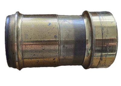 Unbranded 8-12 inch (Estimated) brass lens with brass outer sleeve, originally for rack & pinion focusing (handle is now missing)